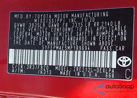 2021 Toyota Corolla Le из США, поврежденный, VIN 5YFEPMAE5MP189694